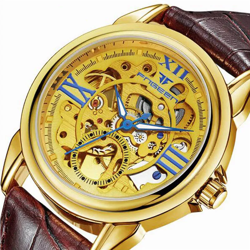 Golden Watches Men Skeleton Mechanical Watch Stainless Steel Top Brands Luxury Man Hollow Wristwatch | Наручные часы