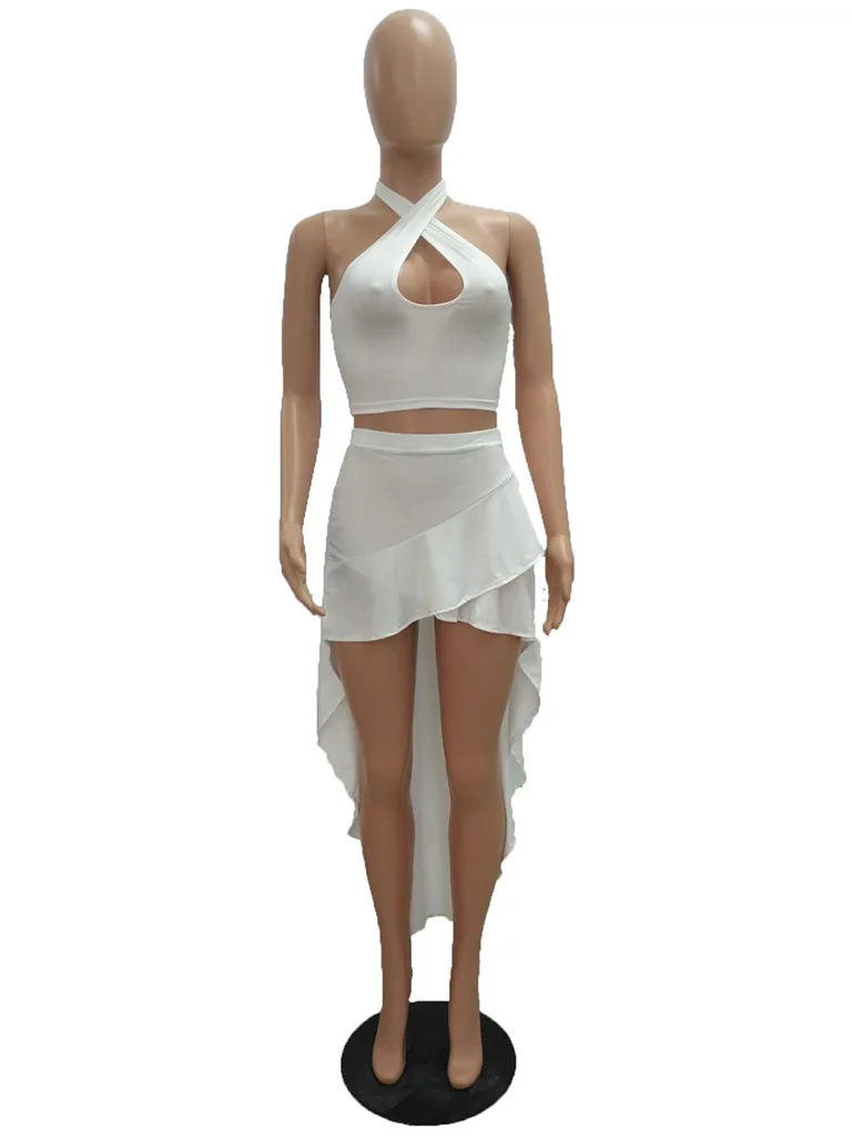 IMYSEN Dress Suit Women Two Piece Set Solid White Blue Halter Backless Top Dresses Suits 2PCS | Женская одежда
