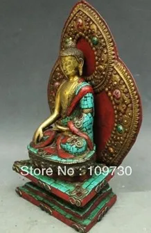 00671 13&quotTibet Buddhism Fane Bronze 24K Gold turquoise coral sakyamuni Buddha Statue | Дом и сад