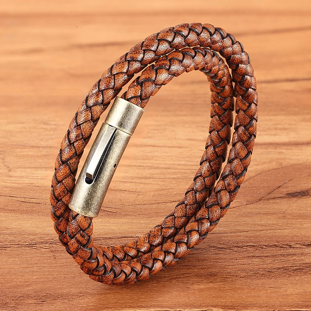TYO Vintage Stainless Steel Easy-hook Clasp Taupe Brown Wrap Bracelets for Women Authentic Leather Pulseira Masculina 19/21/23CM | Украшения