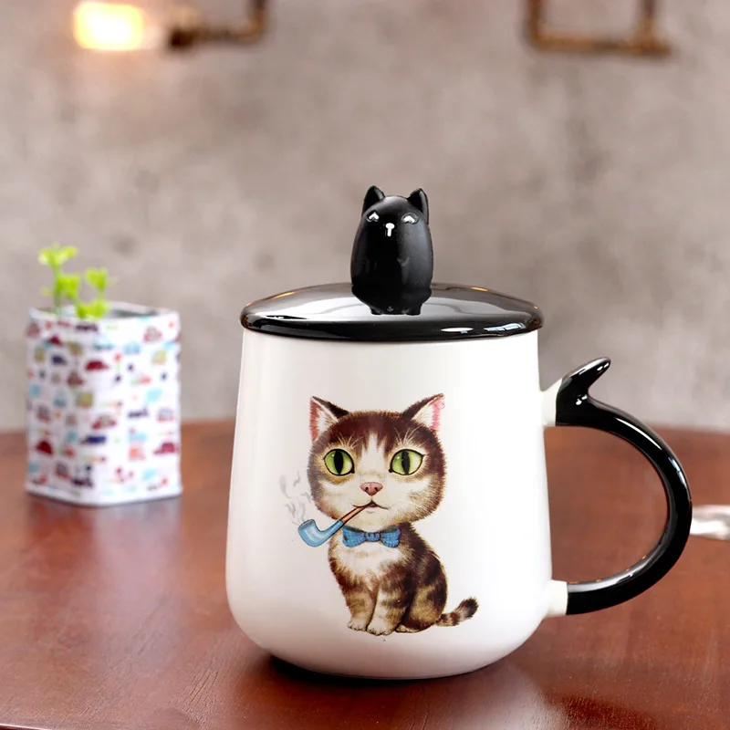400 мл милый творческий мультфильм Cat Керамика личность кружка с ложкой офисные