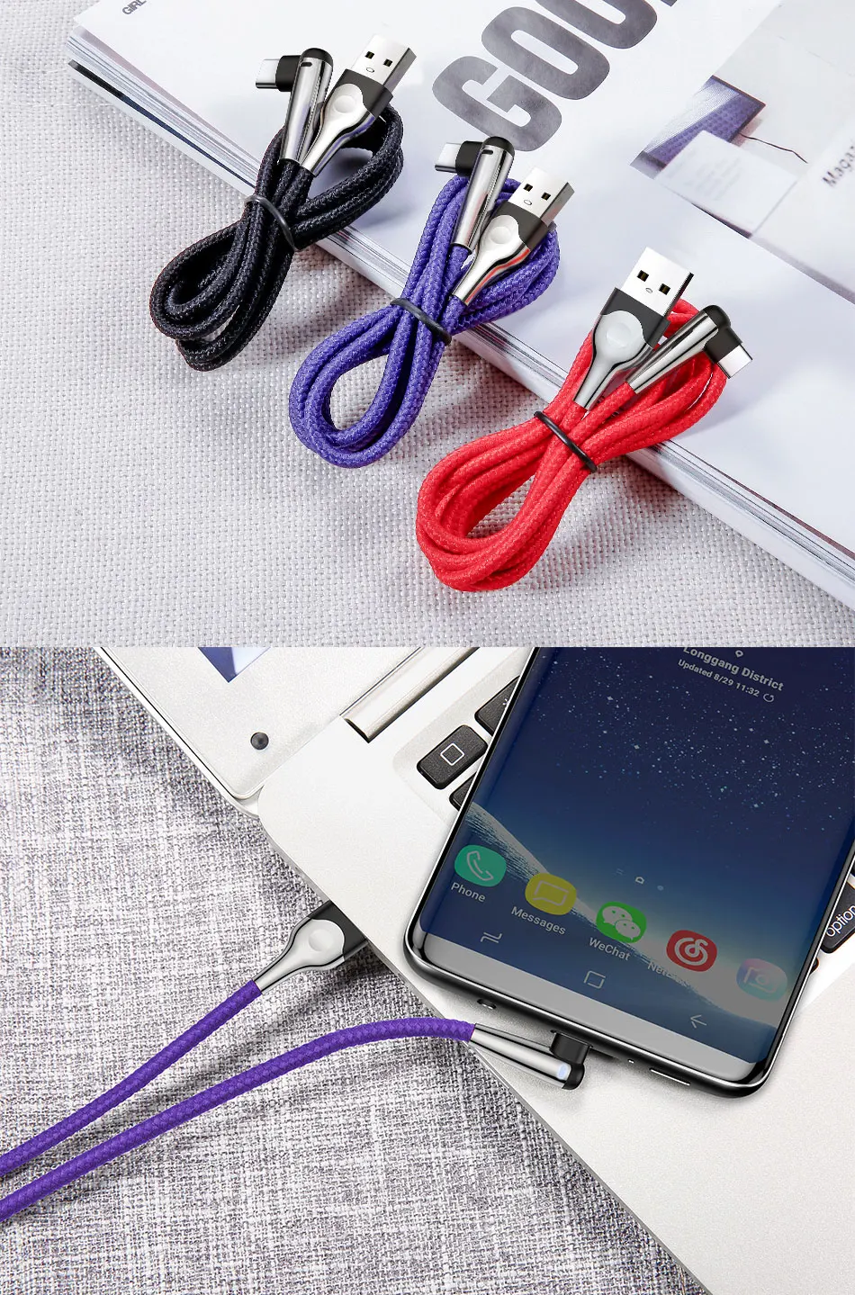 Baseus светодиодный светильник USB C кабель 90 градусов Тип C USB-C провод шнур Быстрый кабель передачи данных тип-c кабель адаптер для samsung S9 Oneplus 6 5t