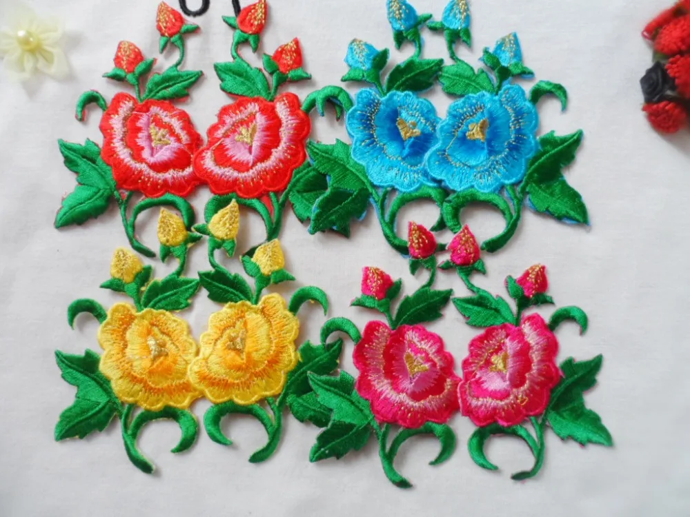 

10*6.5 cm Rose flower embroidery appliques motifs iron patches on cloth in multi colors colorful embroidered venise lace trim