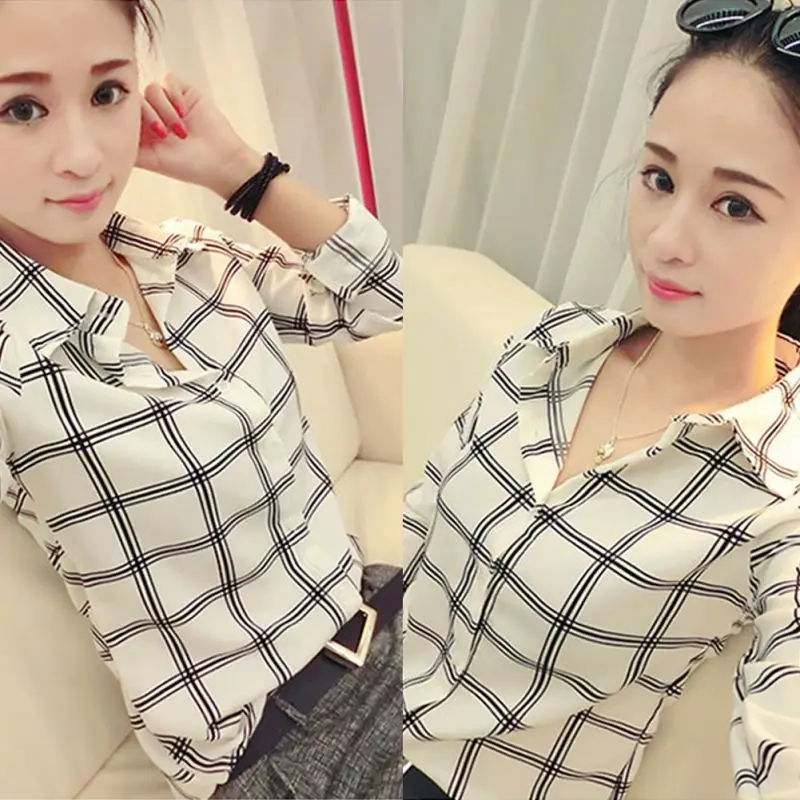 Женская Повседневная Блузка с отложным воротником белая рубашка в клетку