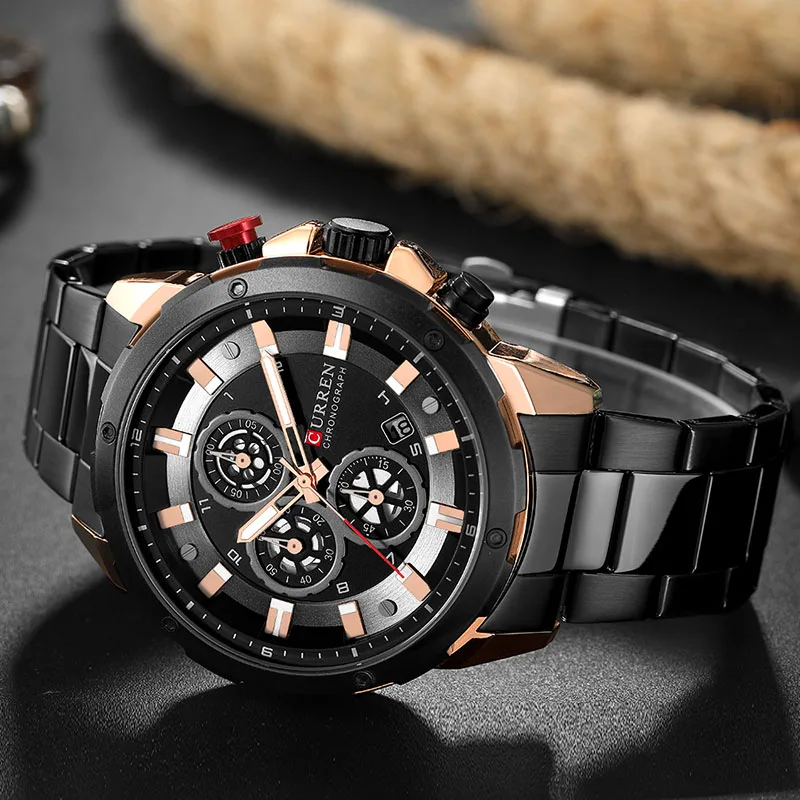 black gold black CURREN синие мужские часы с металлическим ремешком, мужские часы с хронографом, люксовый бренд, нержавеющая сталь, кварцевые мужские часы, военные - Цвет: black gold black