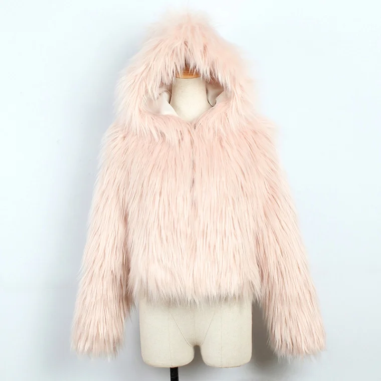 Light Pink Модное женское зимнее пальто из искусственного меха с капюшоном, пушистая Меховая куртка с длинным рукавом, вечерние уличные куртки, верхняя одежда, manteau femme hiver - Цвет: Light Pink