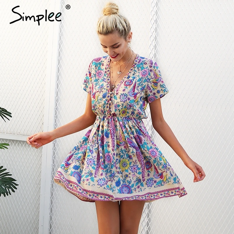 Simplee печати v шеи и пуговицы boho короткое платье Для женщин повседневные пляжные