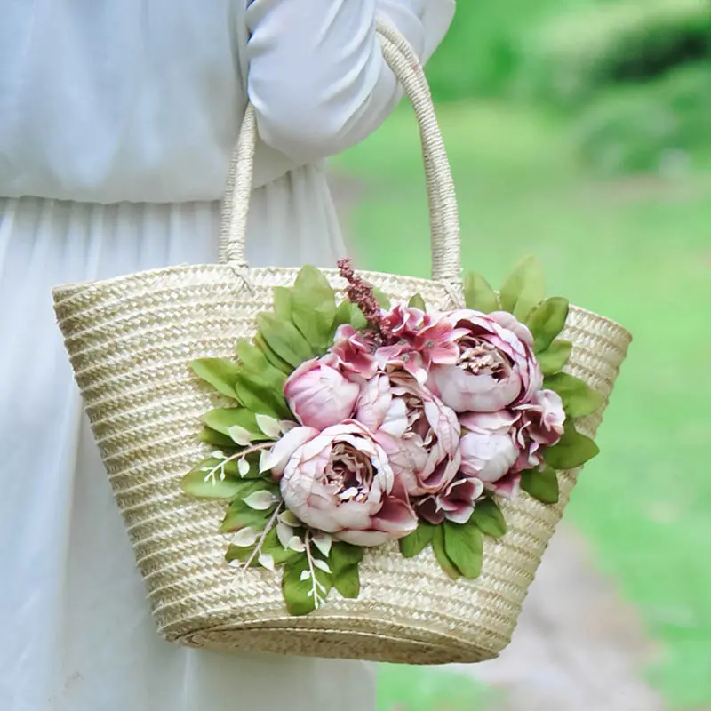 straw bag Стиль, большая вместительность, соломенные сумки-шопперы для женщин, ручная работа, цветы, тканые сумки, дорожные женские пляжные сумки, Bolsa Feminia - Цвет: straw bag