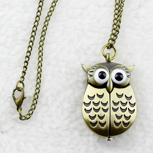 Vintage Bronze Retro Slide Smart Owl Pendant Long Chain Necklace Pocket Watch New