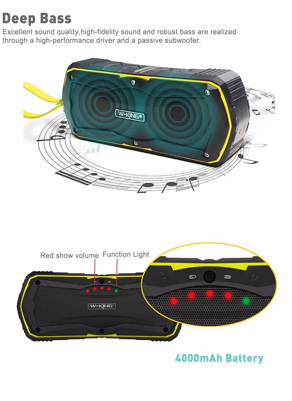 W-king Открытый Водонепроницаемый Bluetooth динамик с микрофоном TF карты AUX в портативный беспроводной Открытый громкий динамик s 4000 мАч для телефона ПК