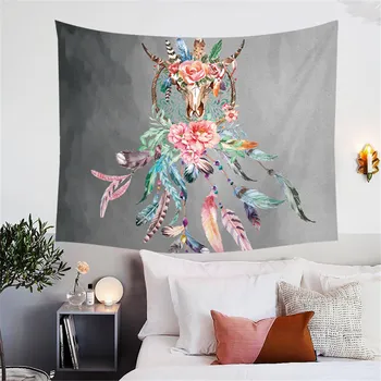 BlessLiving Dreamcatcher Tapestry Cow Skull Wall Hanging Boho Pattern with Rose Feather Colorful Tapestries for Bedroom Sheets 3