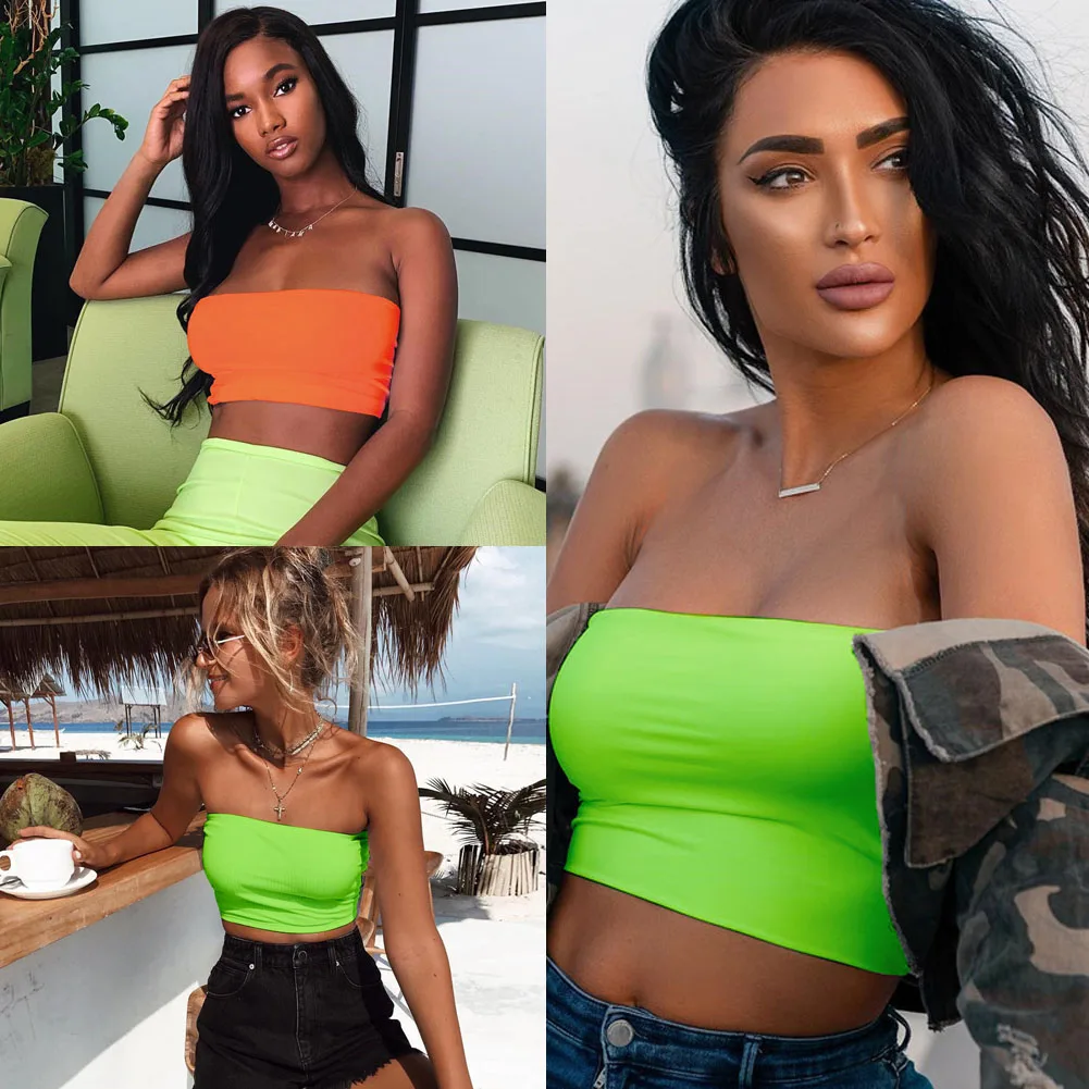 Women Neon Tube Top Bandeau Fringe Top Harvest Tartan Wrap Strapless Chest Tee Streetwear Bustier Sweater Summer Sexy Club Party