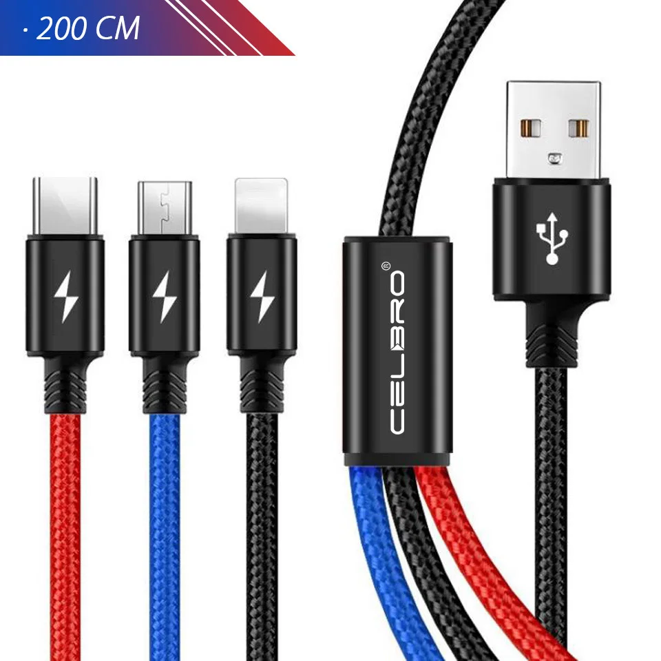 200CM Cable Only 3 в 1, 3 в 1, кабель Micro usb type C, несколько usb, кабель для зарядки, Универсальный зарядный кабель для телефона huawei, samsung Realme 5 Pro - Тип штекера: 200CM Cable Only