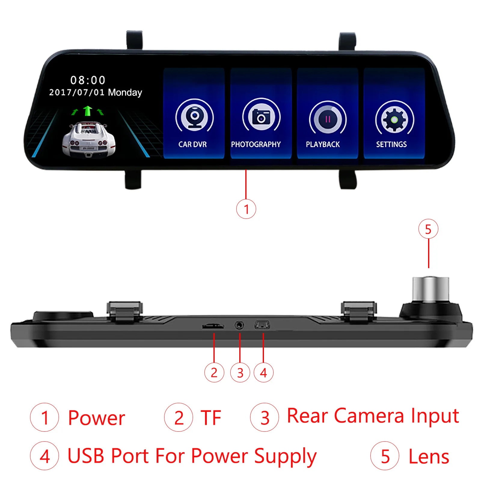 9.35" Full Touch Screen HD Mirror Dash Camera Dual Lens Reversing Backup Cam Car DVR with FHD 1080P Front and 720P Rear | Автомобили и
