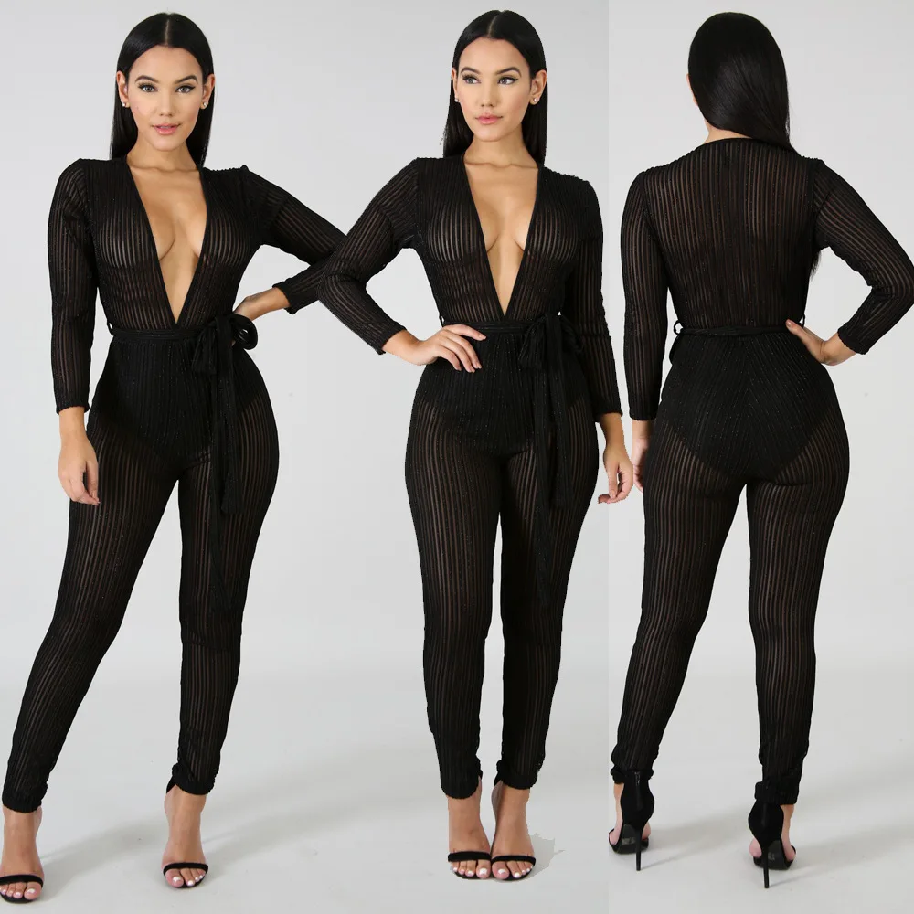 Сексуальный женский комбинезон летняя мода с длинным рукавом глубоким v образным