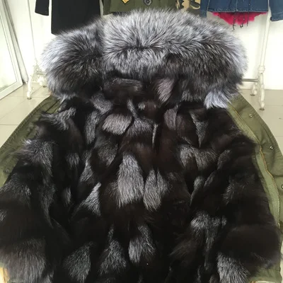 Green grey fox fur Зимняя женская куртка, армейская зеленая парка, пальто, настоящий большой воротник из меха енота, подкладка из лисьего меха, верхняя одежда с капюшоном, DHL EMS - Цвет: Green grey fox fur