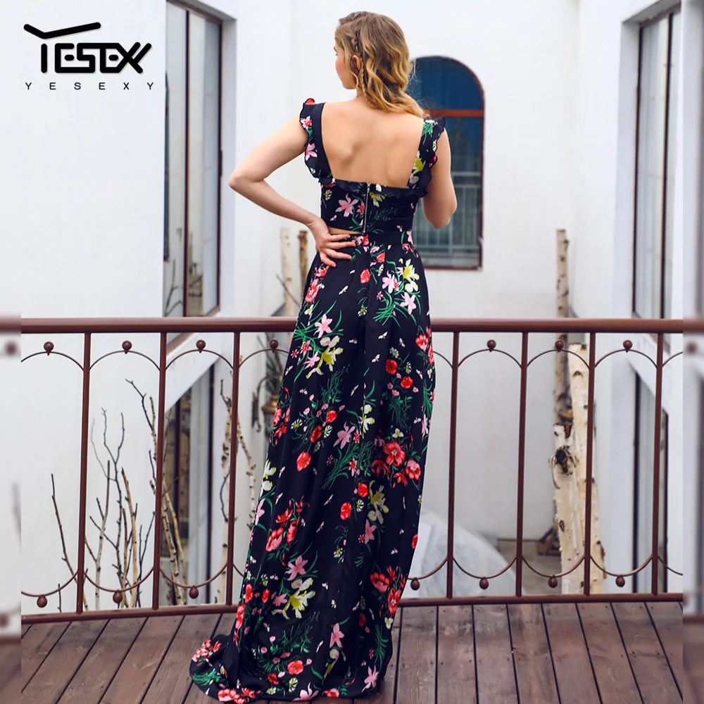 Yesexy 2019 летнее женское пляжное макси платье без рукавов с рюшами короткий топ 2 шт.