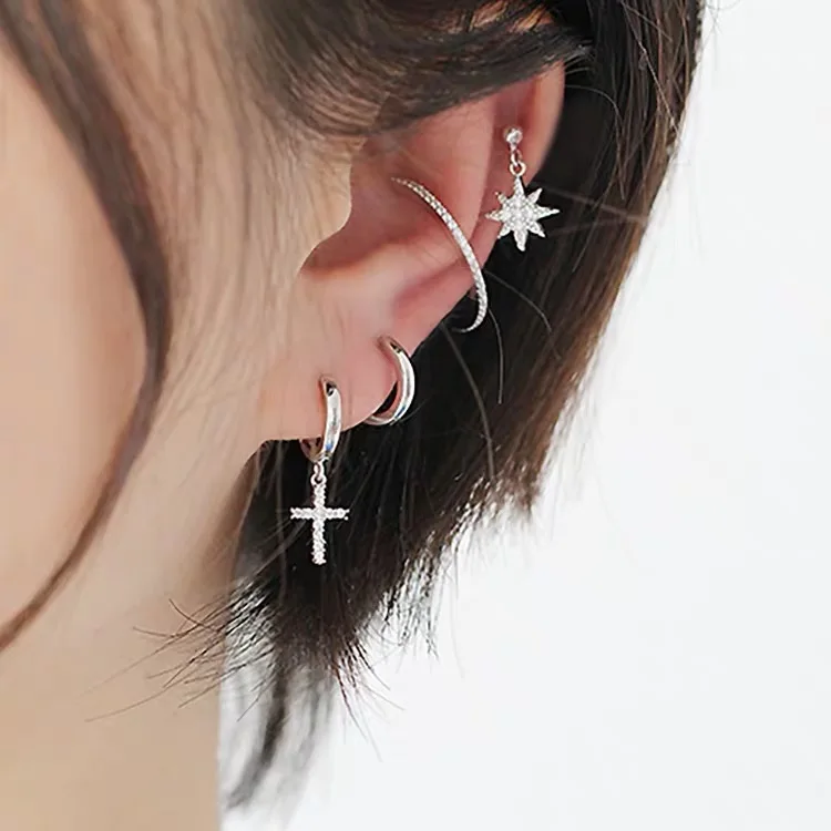 Серьги из стерлингового серебра 925 пробы, модные циркониевые кресты, Короткая подвеска, кольцо для ушей, милые дикие простые трендовые ювелирные изделия для девушек