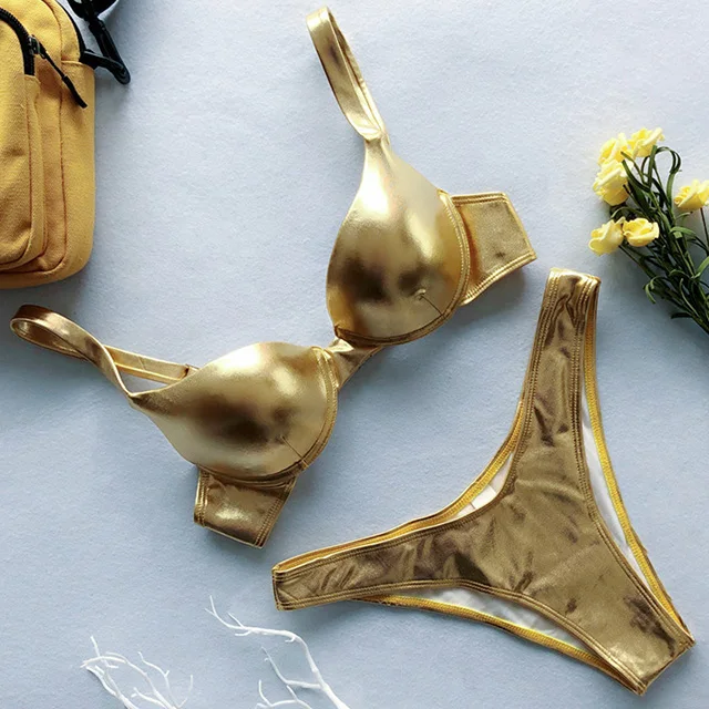 B348Golden Кожаный блестящее бикини с блестками, купальник с пуш-ап, женская одежда для плавания, Женский комплект бикини из двух предметов, Бюстгальтер, чашка, купальный костюм, купальник - Цвет: B348Golden