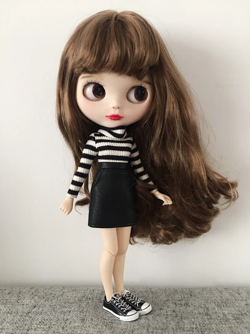 New Fashion Blyth Doll Clothes Stripe Shirt+Leather Skirt for Dress outfit Set ob24 azone s blyth doll Accessories | Игрушки и хобби
