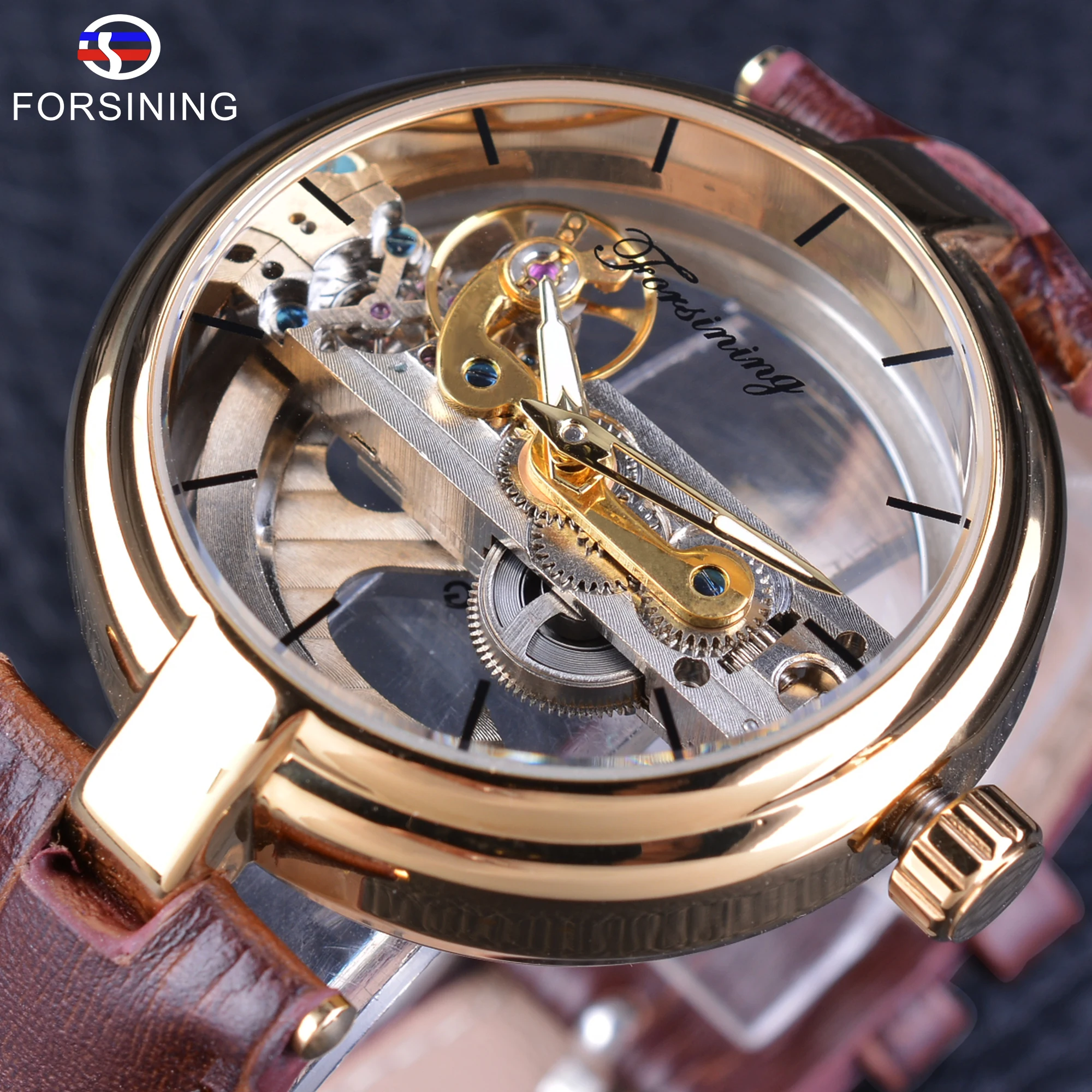 

Мужские механические наручные часы Forsining, коричневые водонепроницаемые спортивные часы с автоподзаводом и ремешком из натуральной кожи в с...