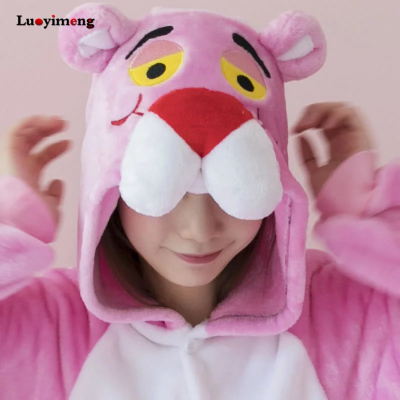 Зимний кигуруми милый розовый пантера женщина Onesie с капюшоном Комбинезоны для