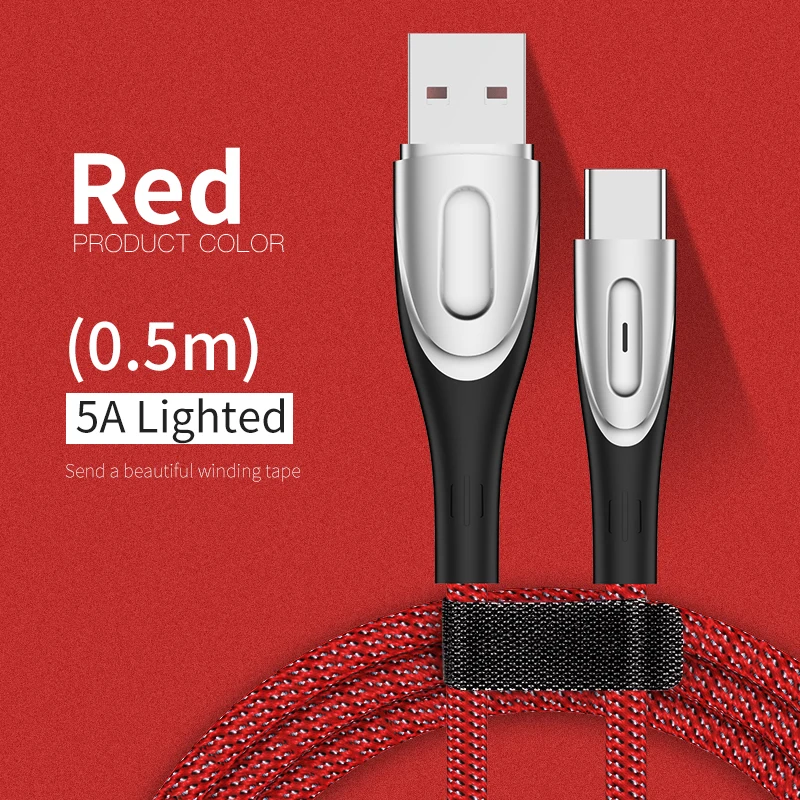 USB 5A type-C кабель для huawei P30 P20 Pro lite для Xiaomi Redmi Note 7 USB быстрая зарядка type-C кабель для samsung Galaxy S10 - Цвет: 0.5m-Red