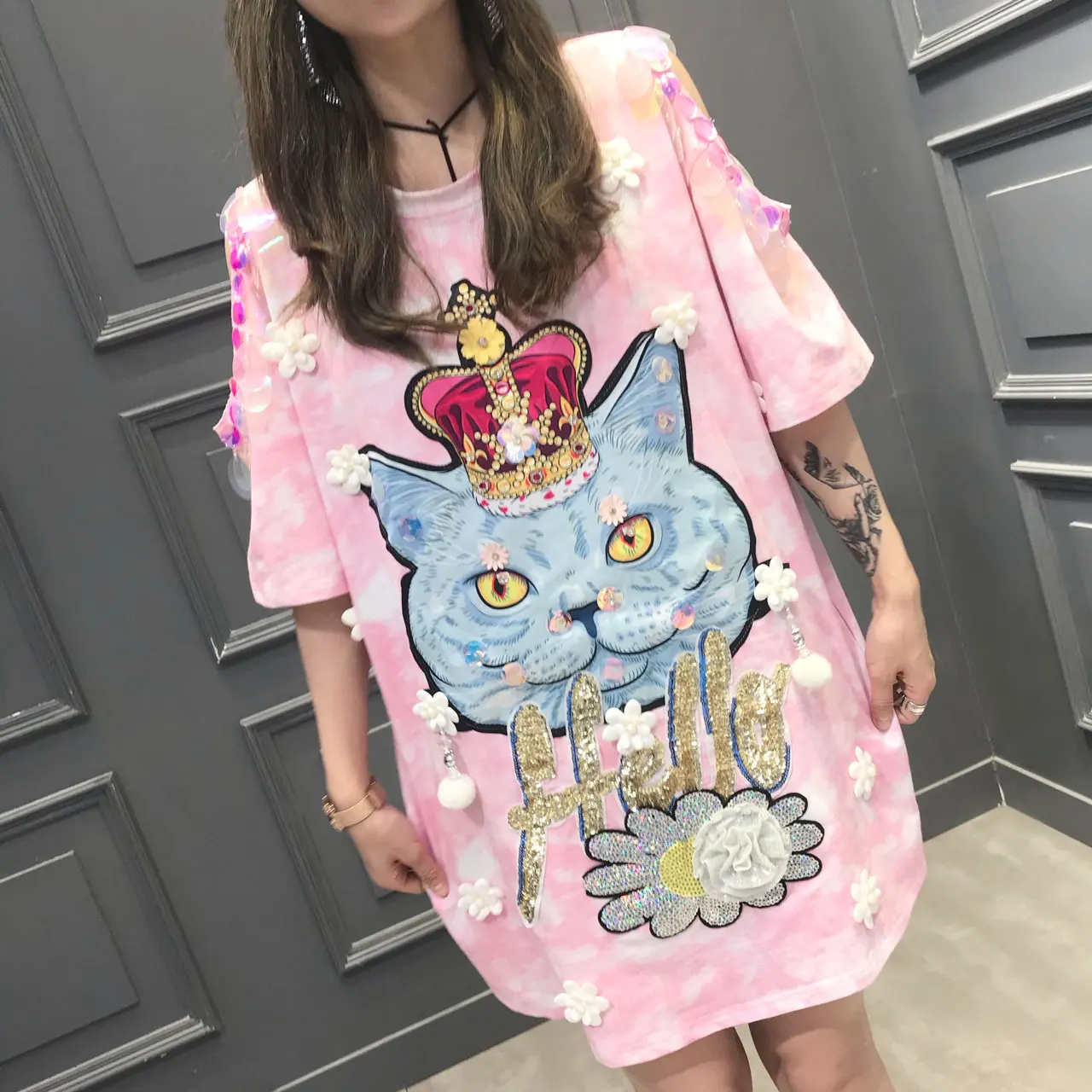 

Hip-hop street brand 2020 summer ladies new handmade cartoon cat letter sequin flower tassel sweet T-shirt female