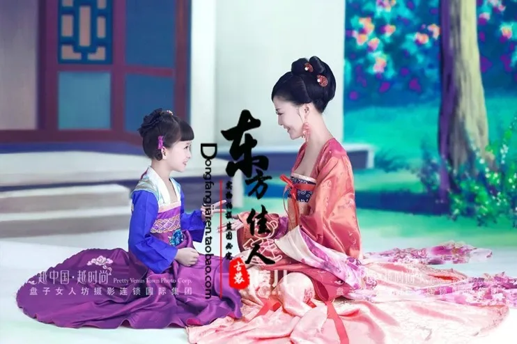 

Qiu Ji Huan Tang Dynasty Parent-Child Mother-Daughter Tang Suit Hanfu Costume Sets Children's Day Performance or Photo House