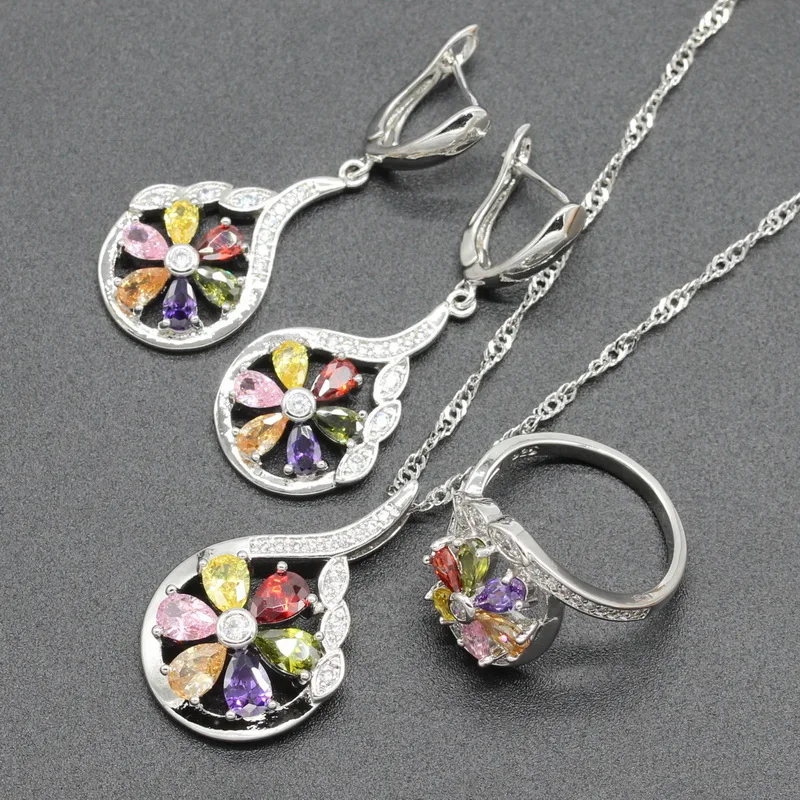 В форме цветка Кристалл циркония 925 серебряные свадебные комплекты украшений для