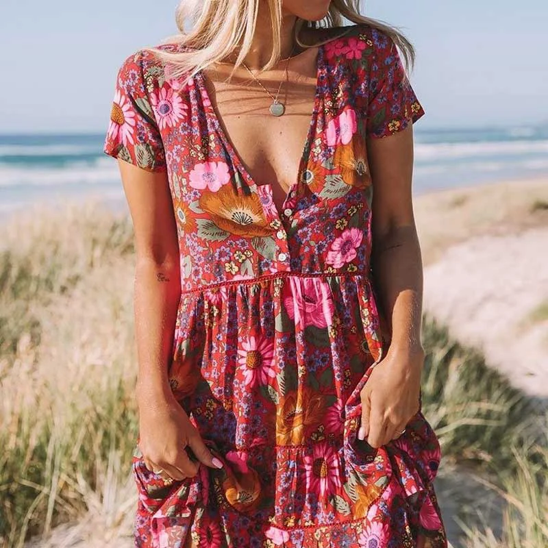 Boho Платье женское 2019 летнее платье с v образным вырезом и цветочным принтом мини
