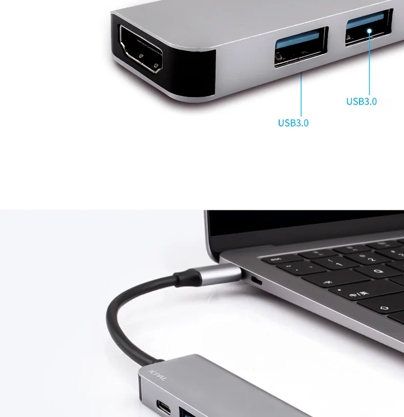 JCPAL USB-C концентратор type-C PD мощность 60 Вт HDMI 4 к видео 2x USB3.0 USB-C док-станция адаптер