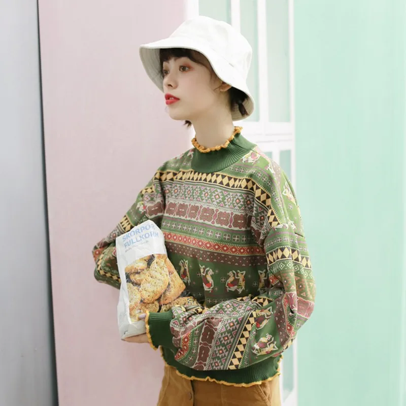 Vintage Suede Sweatshirts For Women Ruffled Semi-high Collar Hoodies Folk Style Sweatshirt Moletom Long Sleeve Crop Tops | Женская