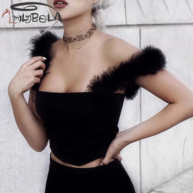 Imily Bela Винтажная Майка из плюша топ сексуальный черный готический Bodycon Спагетти