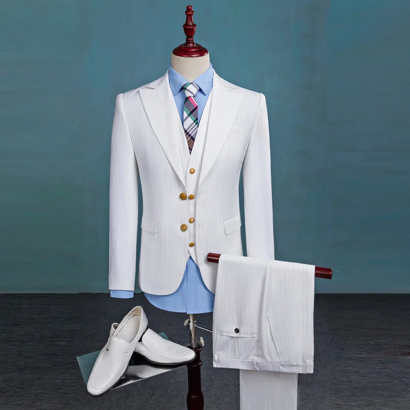 

(Jacket+Vest+Pants+2colour)STRIPES Men Slim Fit Suits en's Wedding Suits With Pants Business Mens Formal Wear men's casual suits