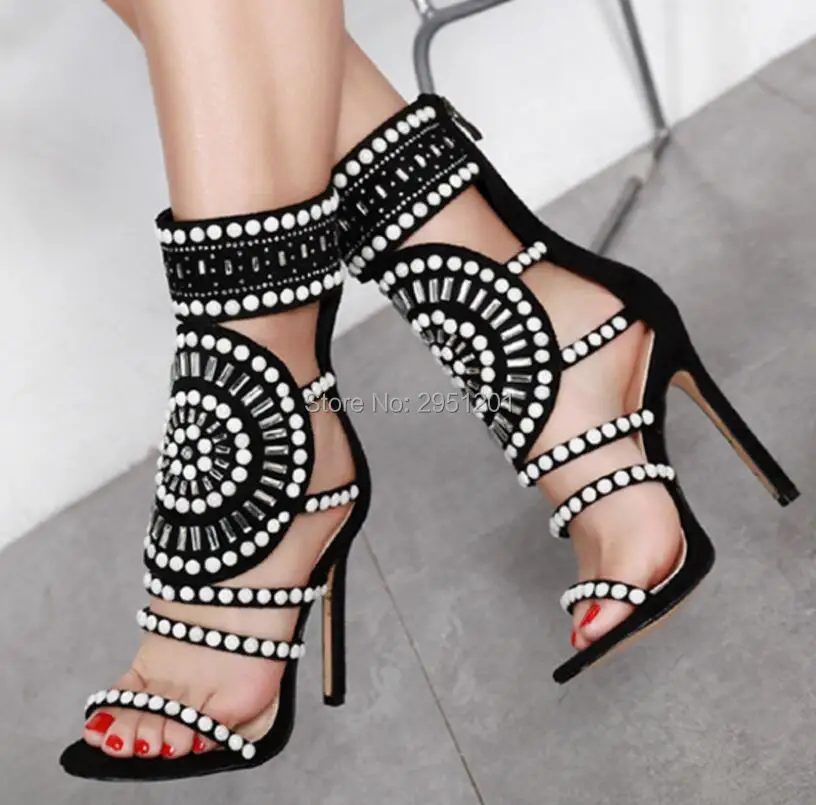 

Sexy Gladiator High Heel Sandals 10cm Women Beaded Heels Deep Toe Ankle Bootie Summer Black Nude 34 42