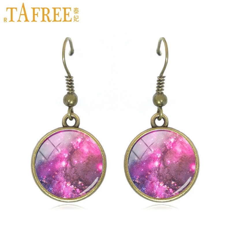 TAFREE Galaxy Drop Earrings nebula dangle earrings solar system planet art picture glass round cabochon dome copper jewelry A328 | Украшения