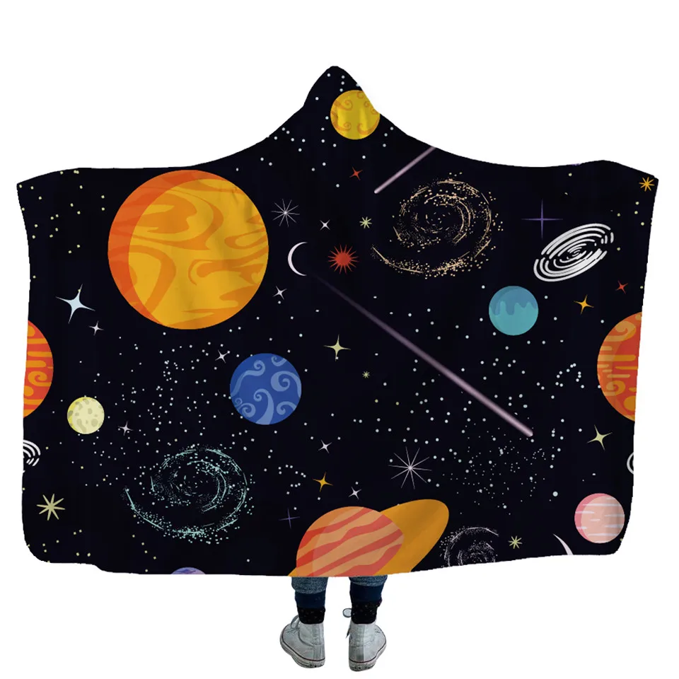 Мягкое Флисовое одеяло с капюшоном и космической планетой Прямая