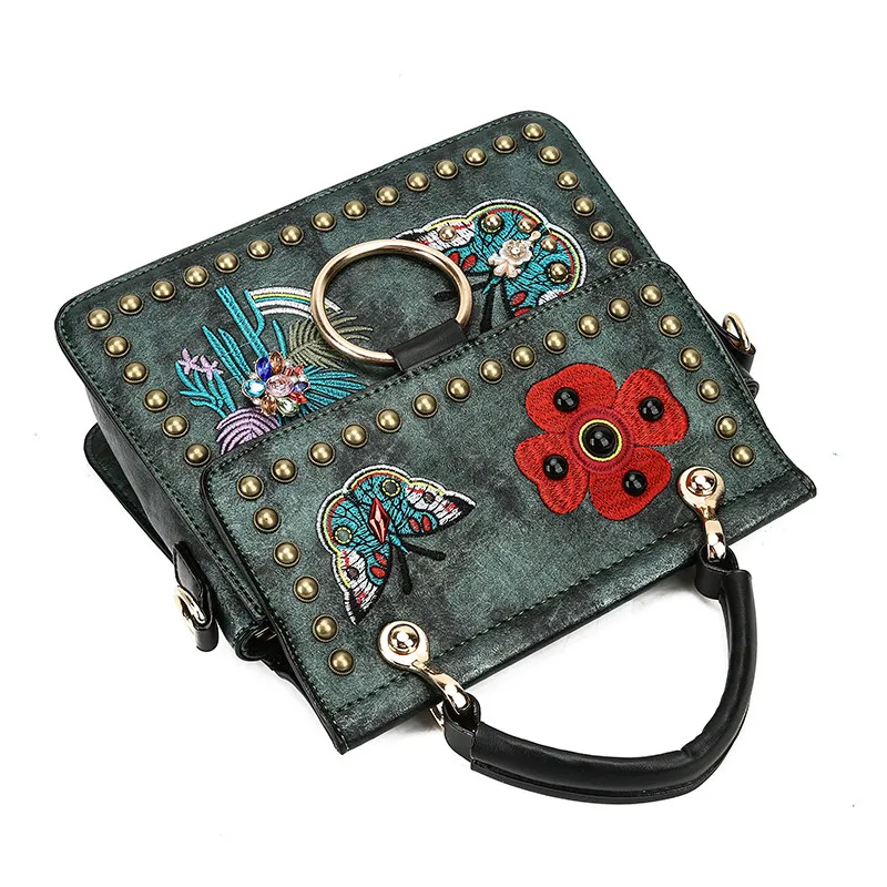 Women Embroidery Messenger Floral Vintage Bag Ladies Rivets Crossbody For Fashion Small Handbags Shoulder Strap | Багаж и сумки