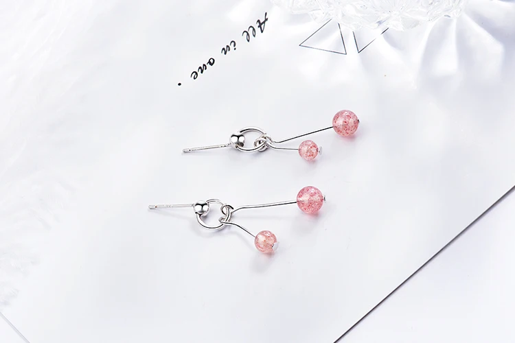 Anenjery Sweet Simple Circle Natural Strawberry Crystal Tassel Earrings 925 Sterling Silver Earrings For Women S-E140