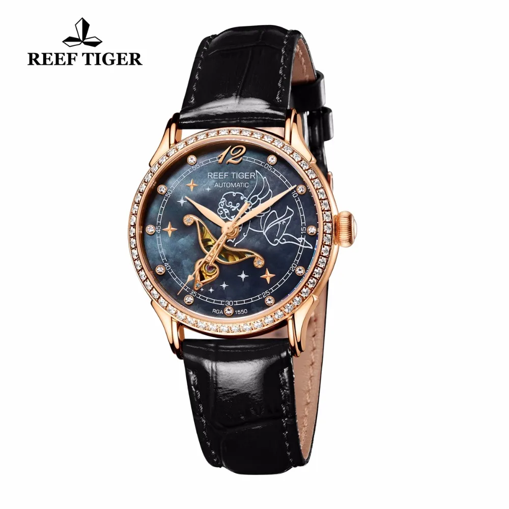 Женские автоматические часы Reef Tiger механические из телячьей кожи с бриллиантами