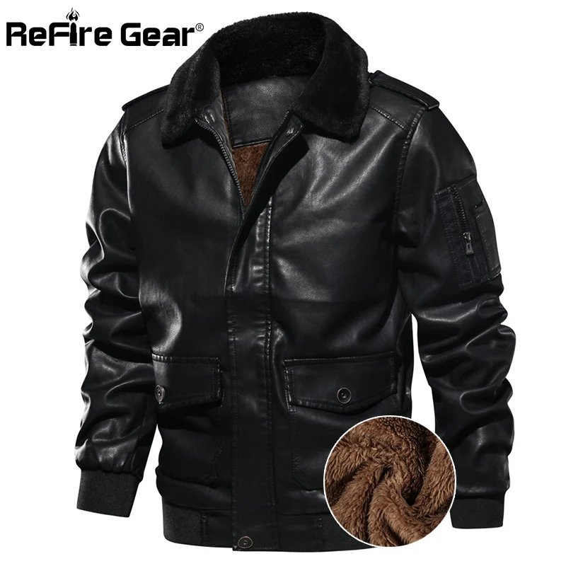 

ReFire Gear Winter Leather Jacket Men Pilot Military Bomber Jacket Warm Faux Leather Motorcycle Biker Coat Fur Collar EURO Size