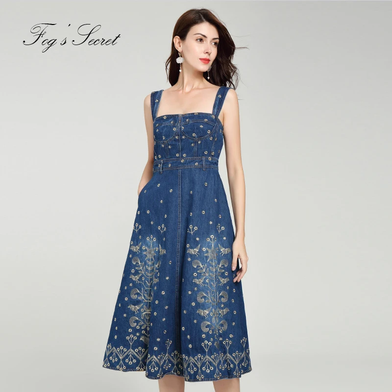 2019 летнее джинсовое платье для женщин сексуальное без рукавов с вышитым цветком