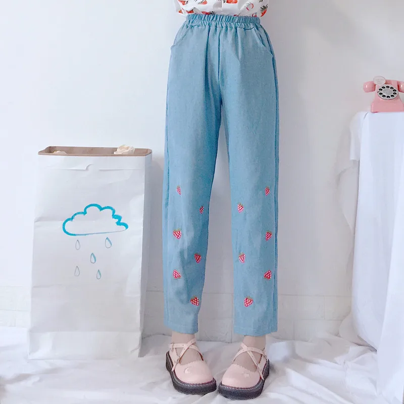 Женские брюки корейские Панк Harajuku Ulzzang супер фрукты Клубника вышитые джинсовые