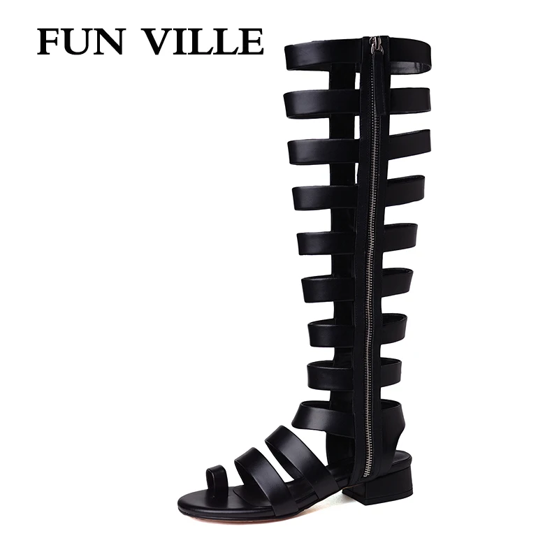 

FUN VILLE 2019 New Fashion Summer Women Mid-calf Boots High Quality Genuine leather High Boots Sexy Female sandals Peep toe