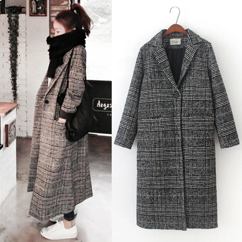 Женское клетчатое шерстяное пальто Черное длинное оверсайз с широкими лацканами