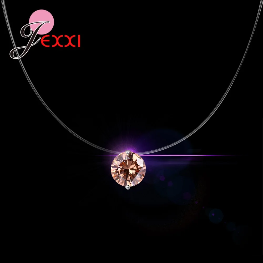 

Charm Necklace Women Jewelry Invisible Chain Gleam Round CZ Zirconia Simple Girls Trendy Accessory 2 Claws Birthday Gift