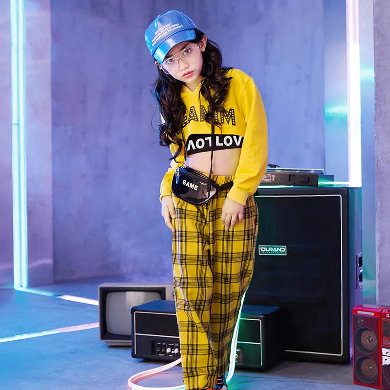 2019 детские танцевальные костюмы в стиле хип хоп желтый топ с капюшоном и длинными