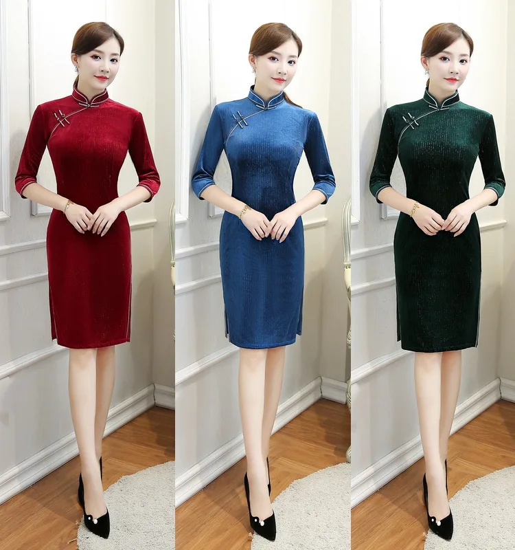 2018 Winter/Autumn/Spring Chinese traditional dress velvet qipao slim vintage women party Evening S-XXXL | Тематическая одежда и