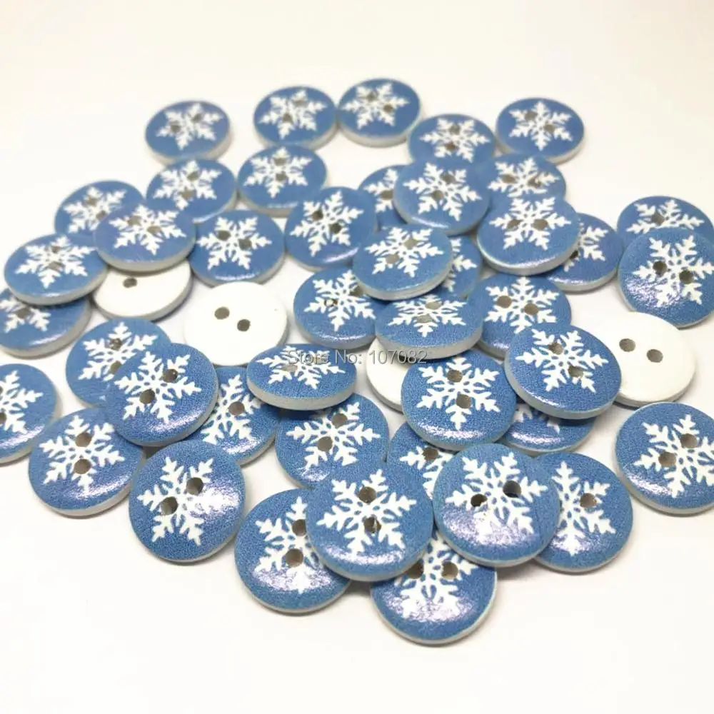 

100pc 15mm Blue Snowflakes Wood Round Buttons Sewing 2 Holes Christmas Scrapbooking Cardmaking DIY CRAFTS